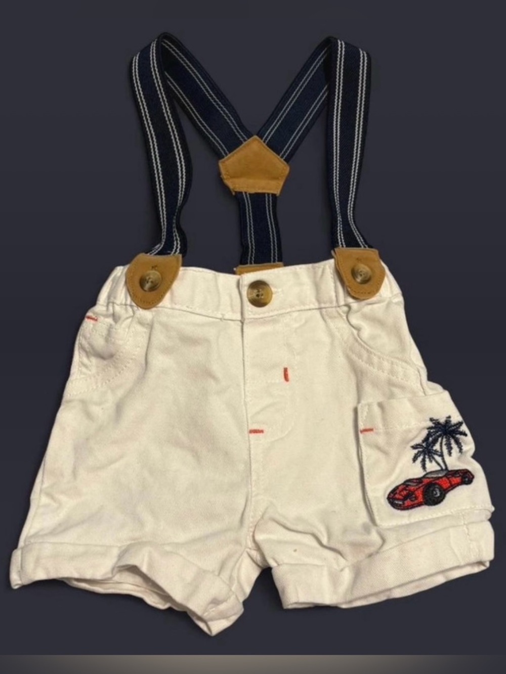 White denim suspender shorts with red car patch Size: 0-3 months